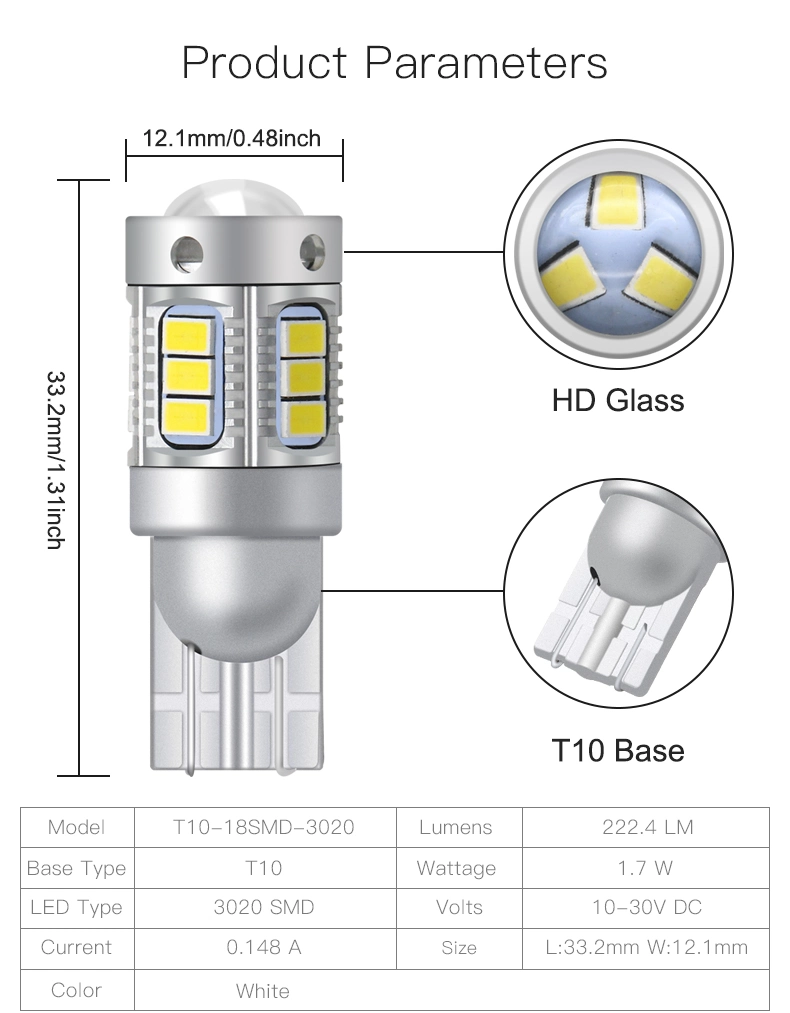 Wholesale T10 W5w 194 18SMD 3020 LED Auto Bulbs 10-30V 1.7W Interior Lights for Car Reading Licence Plate Lamp